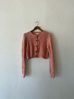 Amable Cable Knit Cropped Cardigan Sweater Pink Cotton Womens Size Large